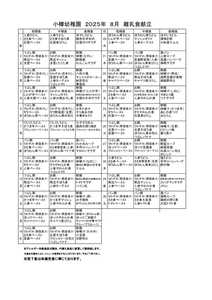 離乳食献立2025年 8月のサムネイル