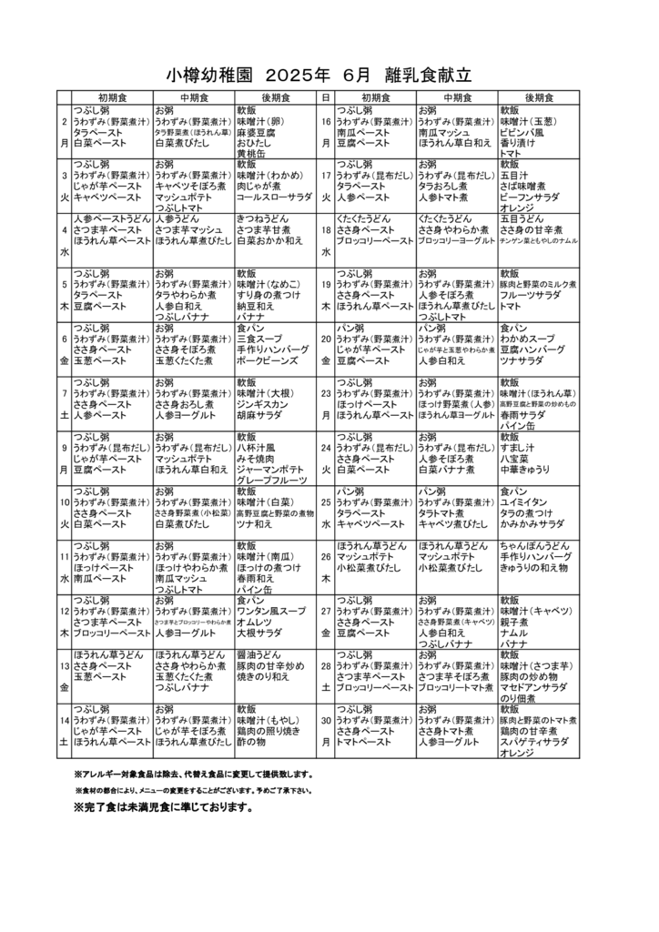 離乳食献立2025年 6月のサムネイル