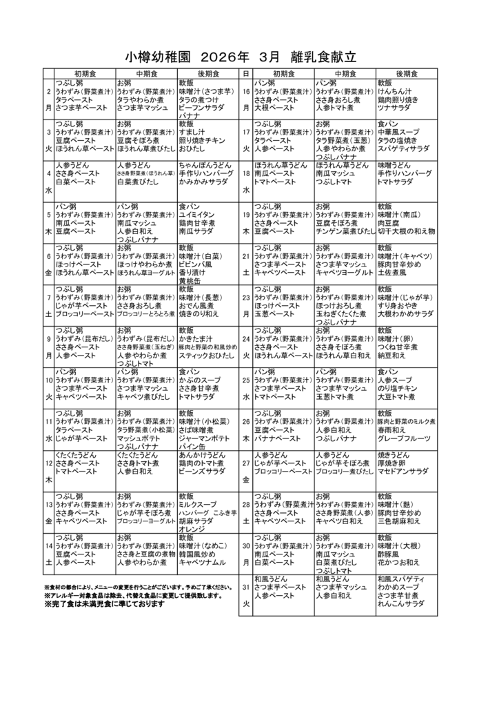 離乳食献立 2026年3月のサムネイル