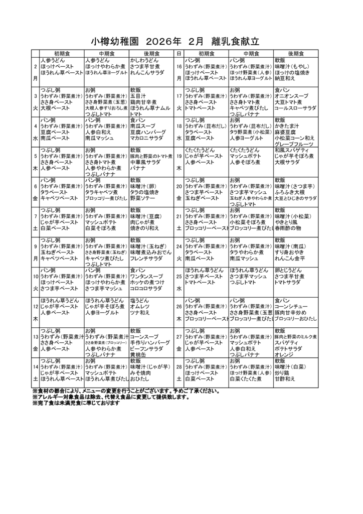 離乳食献立 2026年2月のサムネイル